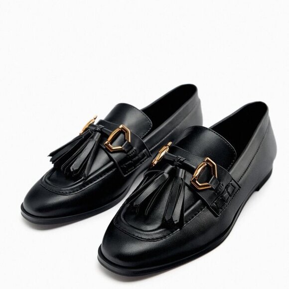 NEW Zara Women's MOCASSIN WITH TASSEL Black/Gold Loafers - Picture 5 of 10